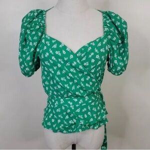 & Other Stories Green Wrap Blouse Size 8 Puff Sleeves Floral New Boho Bohemian